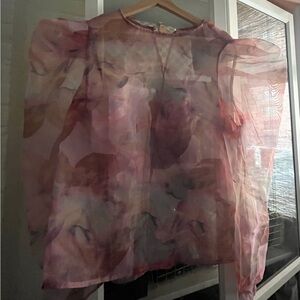 Sheer Pink Floral Organza Puff-Sleeve Top